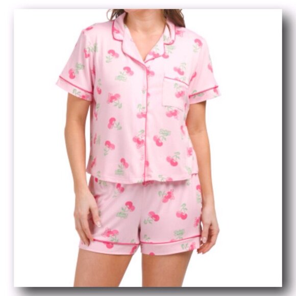 Juicy Couture Pink Cherry Print Pajamas Shorts 2 Piece Sleepwear Set Sizes M, L - Picture 3 of 7